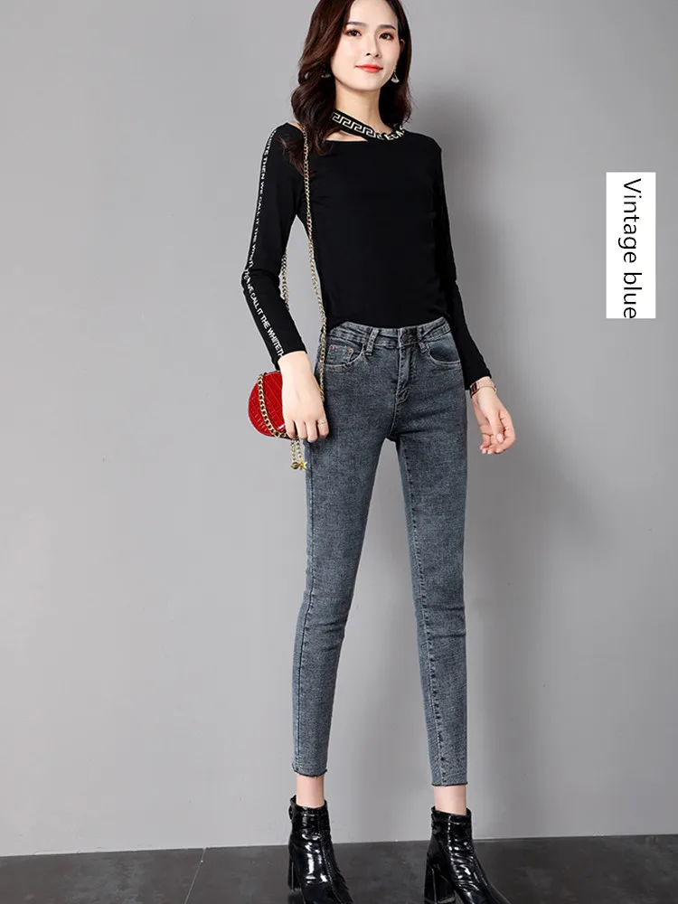 Vintage blue JUJULAND, женские одноцветные джинсы, классический стиль, высокая талия, линия, джинсовые узкие брюки, женские джинсы 3337 - Цвет: Vintage blue
