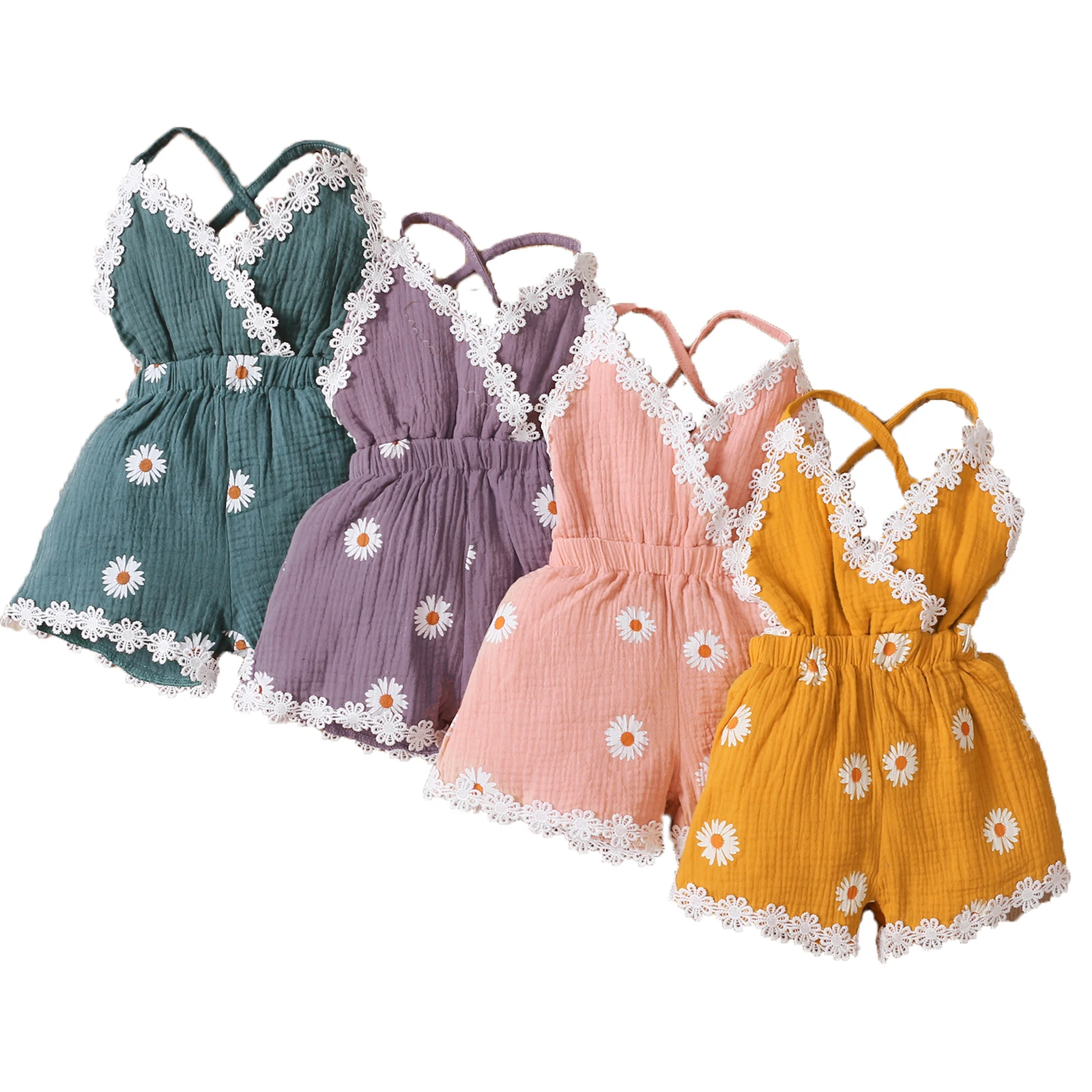 Детский короткий комбинезон с принтом маргариток на бретельках без рукавов