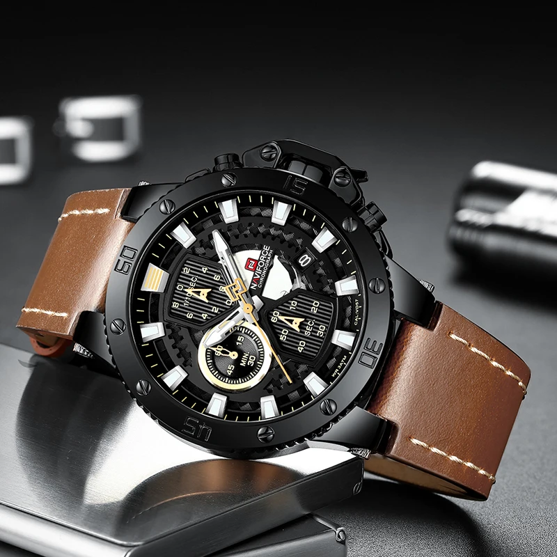 Мужские s часы Топ люксовый бренд NAVIFORCE новые мужские спортивные кварцевые часы хронограф Мужские Водонепроницаемые кожаные военные наручные часы