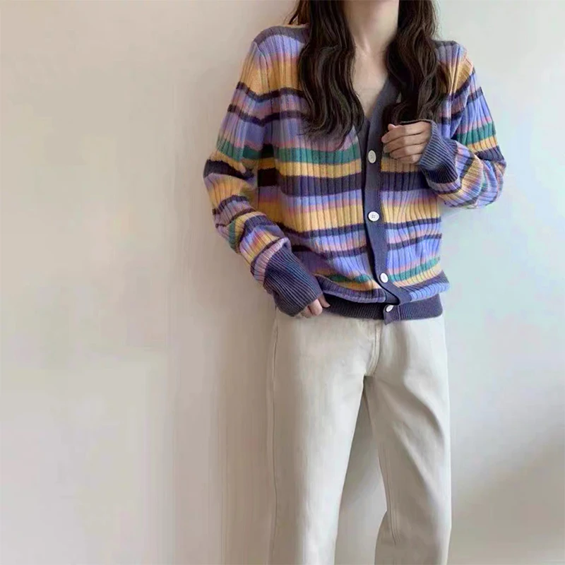 

Women' S Sweater Autumn Color Rainbow Cardigan Korea V-neck Long-sleeved Knitted Casual Knitted Tops 2020