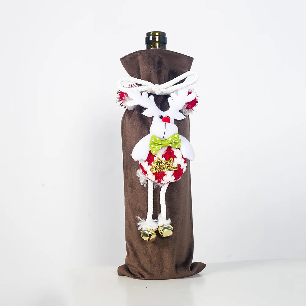 Christmas Doll Red Wine Bottle Cover Bag New Year Dinner Table Decorations Champagne Bottle Decor Storage Bag Elk Snowman Santa - Цвет: Шоколад