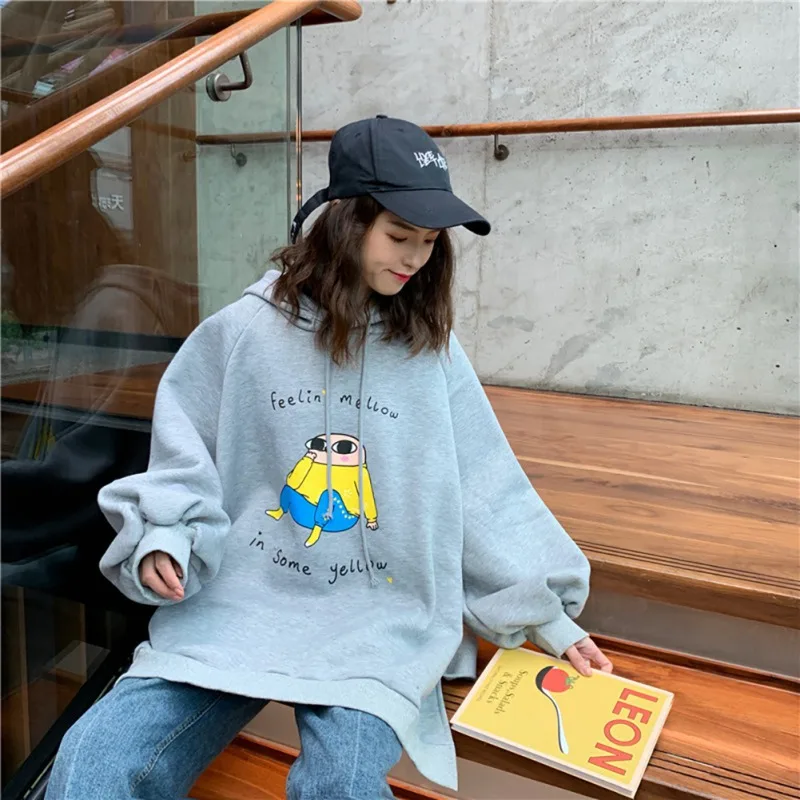 Женская толстовка kpop с длинным рукавом, о-образным вырезом, свободная толстовка с капюшоном, плюс размер, пуловер, зеленый, серый, толстая верхняя одежда