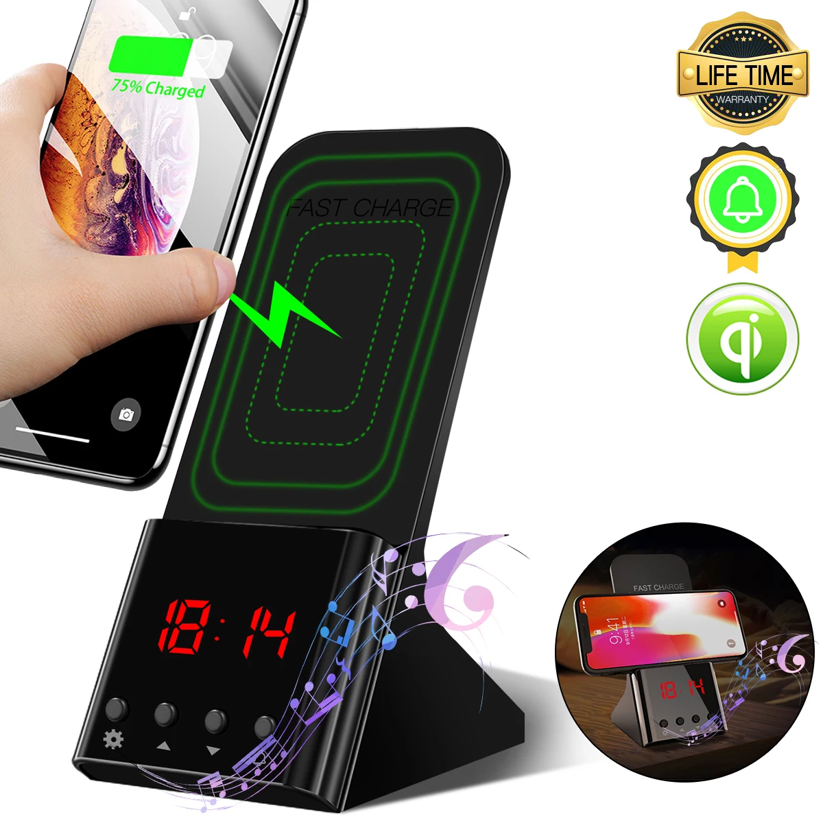

10W Wireless Charger Dock for iPhone 11 Pro Max Alarm Clock Phone Fast Charging Station for Samsung Galaxy Note 10+ 5G Huawei