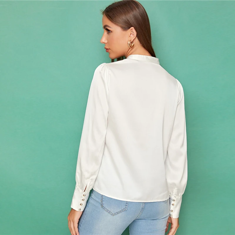 SHEIN белый пуговицы спереди Фонари рукав Атласный топ монотонная блузка Для женщин сезон осень, со стоячим воротником женские офисные элегантная абайя блузки