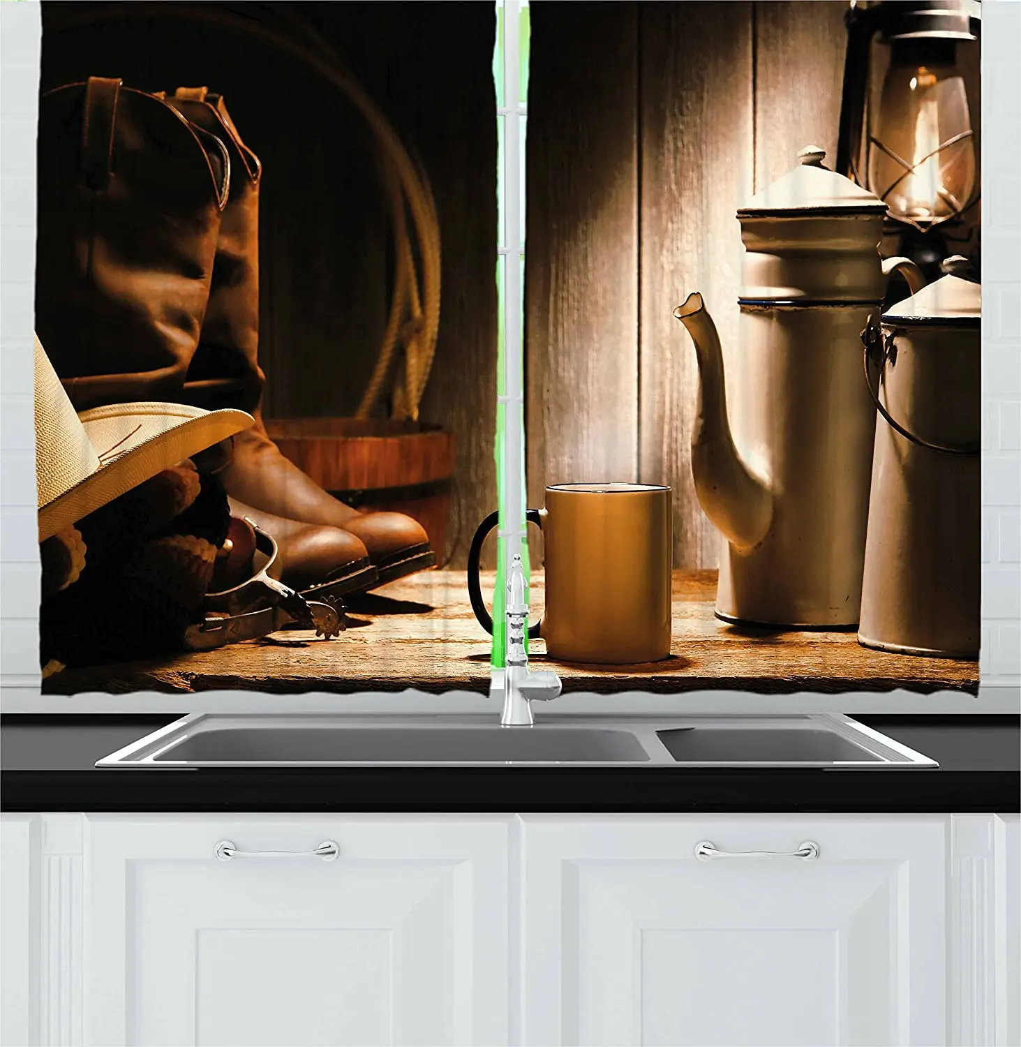 Brown Grey Ivory Western Kitchen Curtains Rodeo Cowboy Working Gear Genuine Hat Rancher Boots Pot Coffee for Cafe Decor | Дом и сад