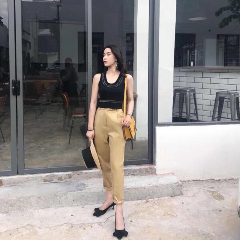 [LIVIVIO] Casual Ankle Length Loose Harem Pants High Waist Korean Fashion Clothing New