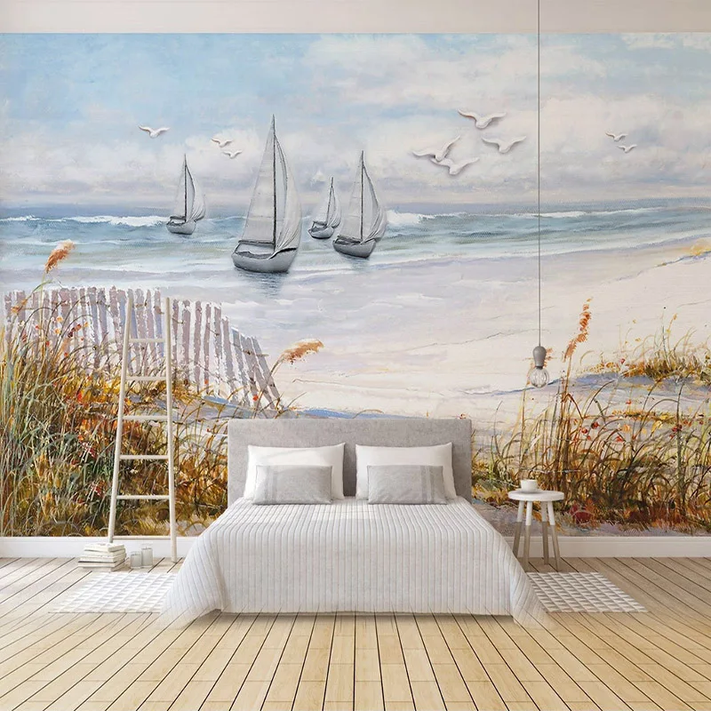 

Custom Mural Hand Painted Sailboat Seagull Sea Landscape Oil Painting 3D Living Room Sofa TV Background Wall Murals Wallpaper