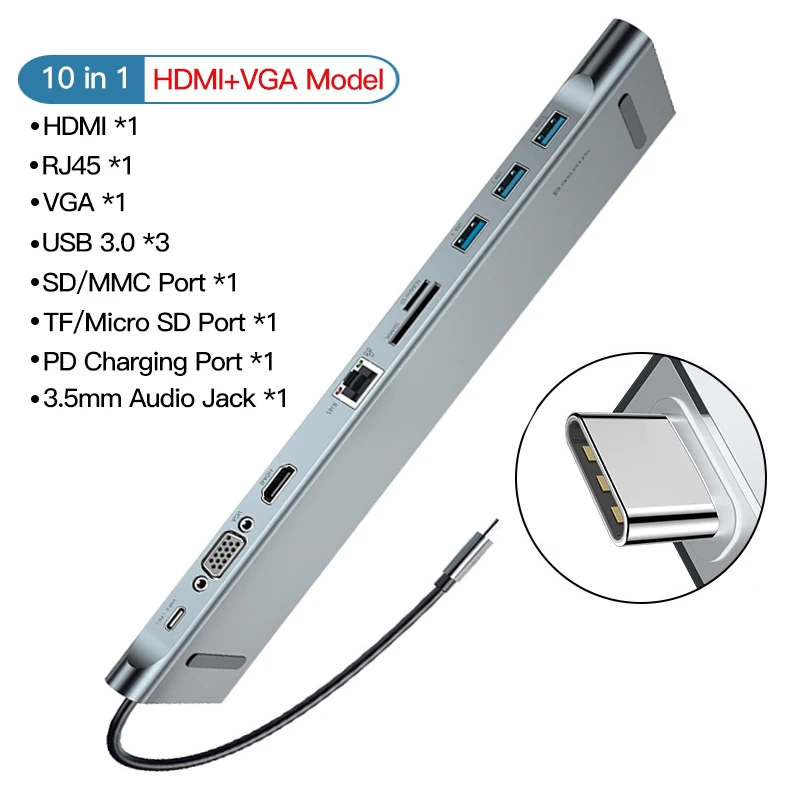 Baseus USB C концентратор все в одном type C к HDMI VGA RJ45 SD/TF кард-ридер аудио конвертер USB разветвитель для Macbook Pro USB-C 3,0 концентратор - Цвет: 10 in 1 usb c hub
