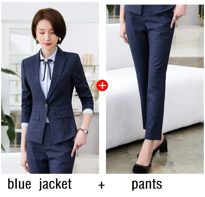 blue jacket pants Женские костюмы тонкий весенний клетчатый пиджак брюки OL формальные женские брючные костюмы женский комплект костюмы 365 - Цвет: blue jacket pants
