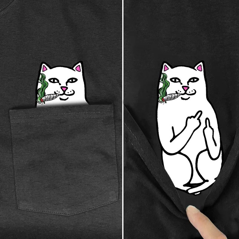 CLOOCL Black Cotton T-Shirt Brand Pocket Cute Cat Middle Finger 3D Printed Tshirt Casual Shirts Funny Cottons Tee Harajuku Tops