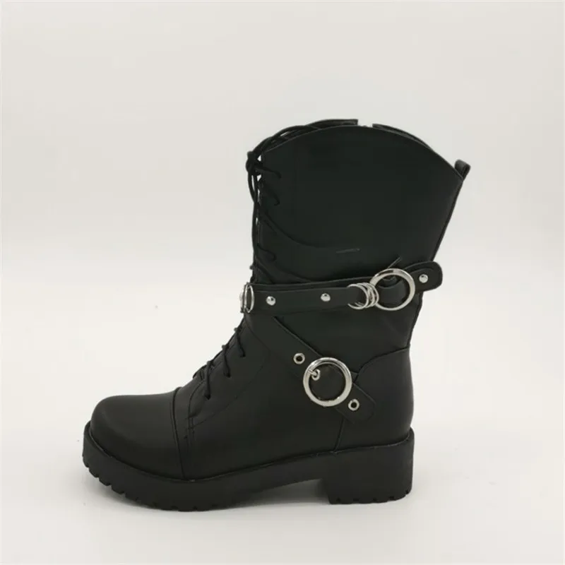 PXELENA Plus Size 34-43 Women Boots Mid Calf Low Heels Shoes Vintage Buckle Cross Strap Military Combat Biker Punk Bootie
