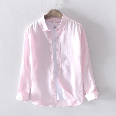 Мужская весенне-осенняя Модная брендовая винтажная Однотонная рубашка с длинными рукавами в японском стиле из льна мужские повседневные приталенные рубашки - Цвет: pink