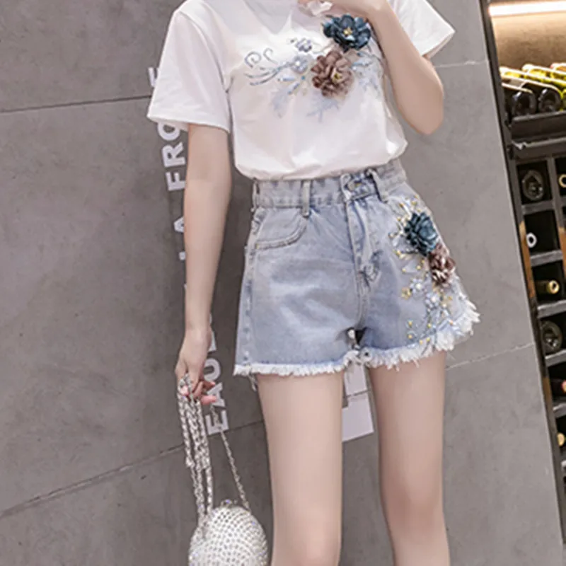 Pantaloncini di Jeans in pizzo floreale 3D di lusso da donna pantaloni corti  in Denim a gamba larga da stilista estivo a vita alta femminile|Shorts| -  AliExpress