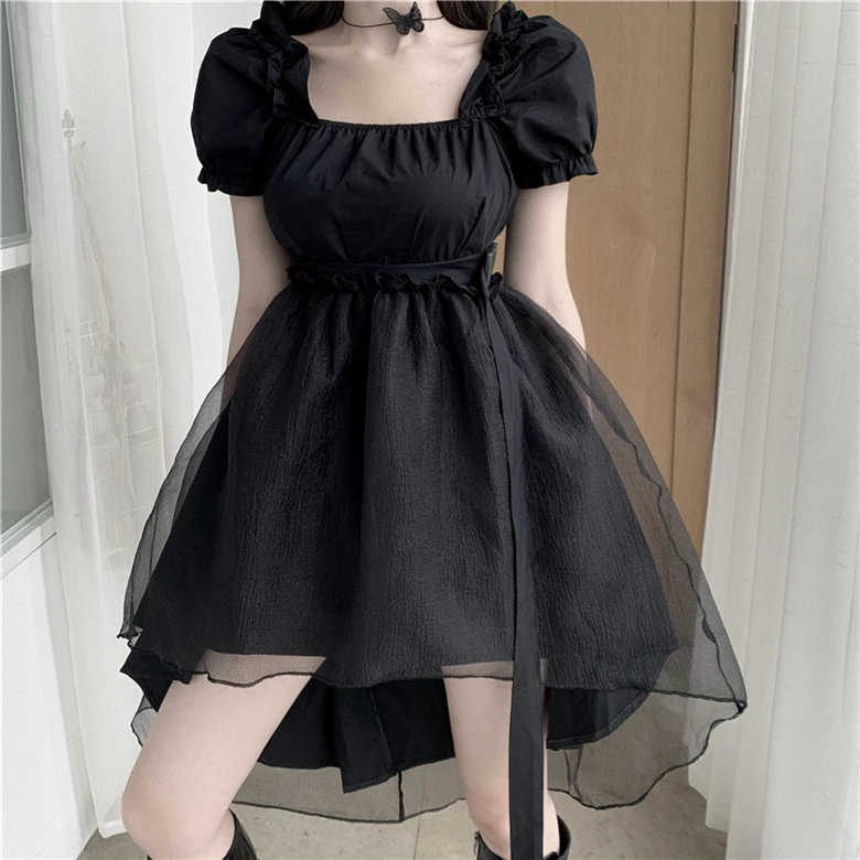 Korean Summer Harajuku Diablo Women Dress Square Collar Vintage Puff Sleeve Irregular Dress A-Line Lace Splice Black Bud Dress