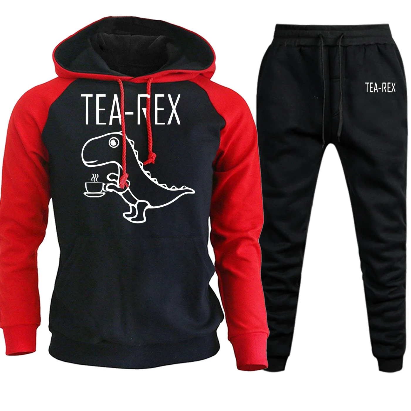 TEA REX, забавная Мужская спортивная одежда с капюшоном, реглан, новинка осень-зима, Мужской Повседневный пуловер в стиле хип-хоп, толстовка с капюшоном+ штаны, комплект из 2 предметов - Цвет: red black5