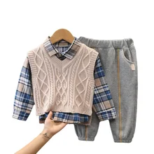 Ensemble de vêtements de printemps pour bébés garçons, en coton, gilet, chemise et pantalon à carreaux, 3 pièces/ensemble, tenue de sport pour enfants, nouvelle collection