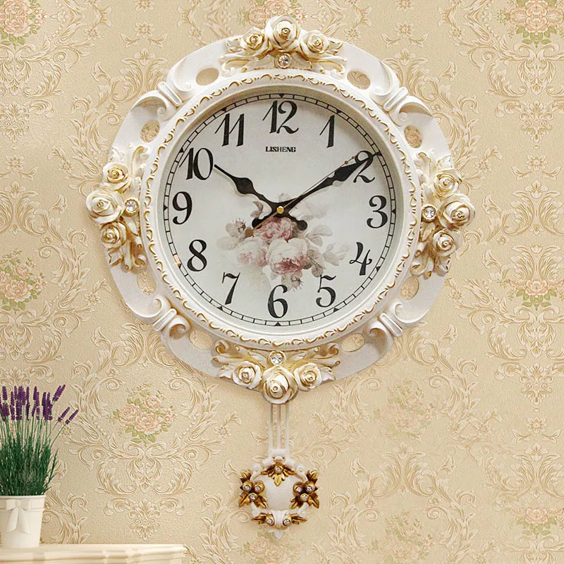 White Swing Pointer Mute Wall Clock Blue Large Retro Carved Rustic Flower Clock