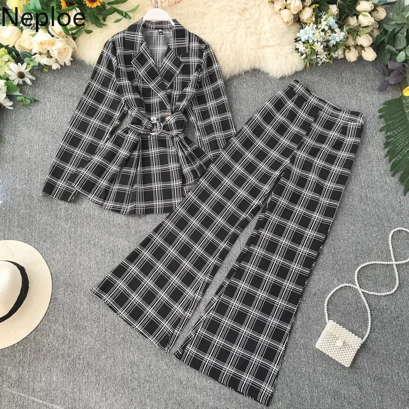 Neploe Temperament Office Work Style 2 Pcs Women Set Slim Waist Plaid Irregular Blazer+ High Waist Hip Horn Trousers Autumn47334