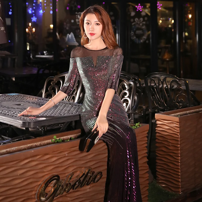 Wei yin AE0296 Robe De Soiree Новое сексуальное платье с О-образным вырезом и короткими рукавами, расшитое блестками длинное вечернее платье, элегантное платье Abendkleider