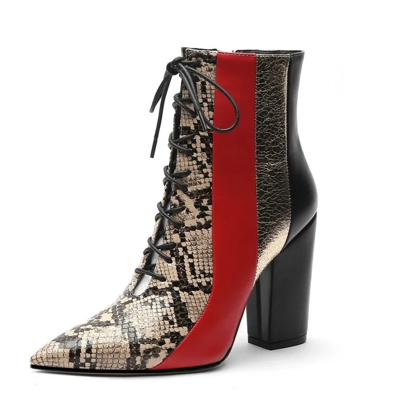 

US4-12 Womens Pointed Toe Snake Pattern Match Colors Ankle Boots Lace Up Block High Heel Shoes Warm Winter Plus Size A1558