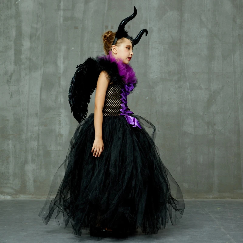 Maleficent/платье-пачка «злая королева» для девочек с роговыми крыльями; костюм ведьмы для косплея; детское праздничное рождественское платье