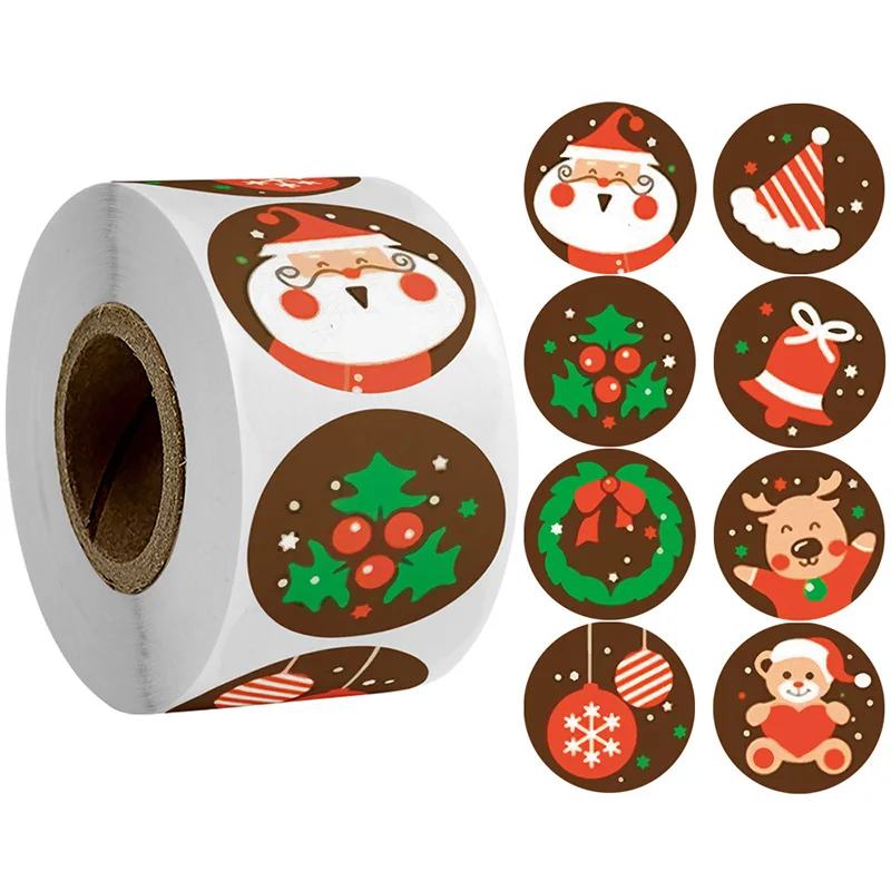 

500 Pcs/Roll Cute Round Christmas Sticker Kraft Paper Label Sealing Sticker Decorative Adhseive Sticker Gifts Package Stationery