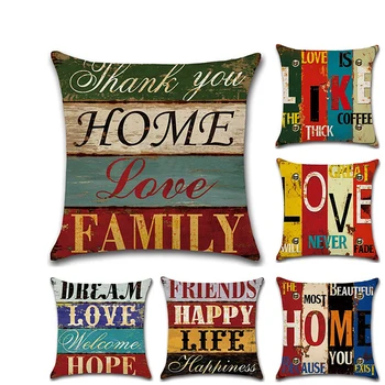 

Retro Motto Mediterranean Cushion Covers Hand Painted Letter Decoration Linen Cotton Hemp Pillow Case Home Decorative Love Theme