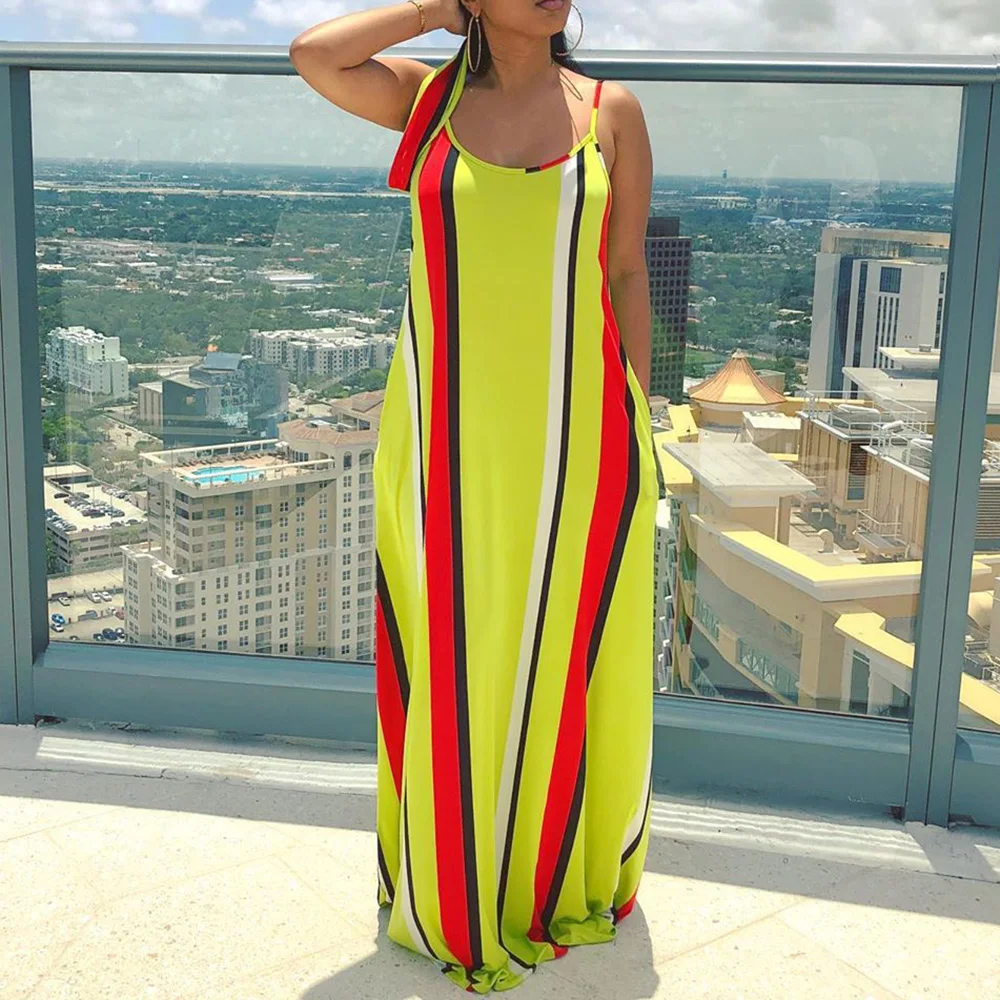 Летнее желтое платье в полоску длинное пляжное африканском стиле Гавайи Макси