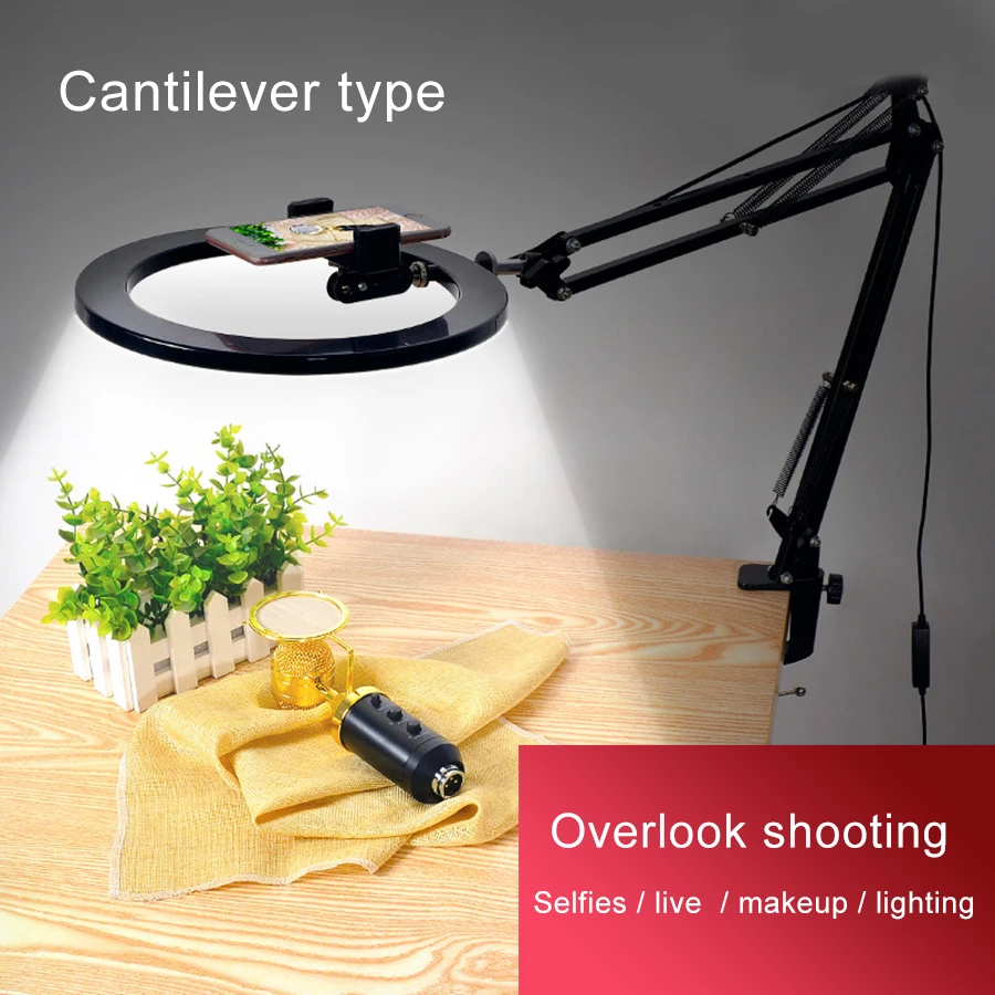 Billig MAMEN Dimmbare 26cm Selfie ring licht Led Video Studio Fotografie Beleuchtung Mit Lange Arm Desktop Tisch Telefon Halter Für youtube