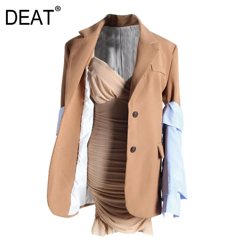

DEAT 2019 New Spring Lapel Logn Sleeve Blue Striped Removable Stitching Hit Color Jacket Women Coat Fashion Tide JI825