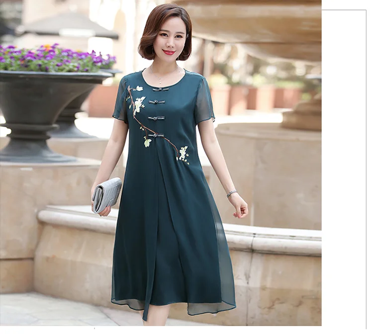 Fake Two Pieces Chiffon Dresses Middle Age Mother Short Sleeve Dress Summer Hot Women Elegant Embroidery Dress DF422