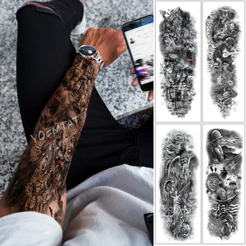 

Large Arm Sleeve Tattoo skull king Wild leopard Waterproof Temporary Tattoo Sticker Warrior Soldier Men Full Skull Totem Tatoo