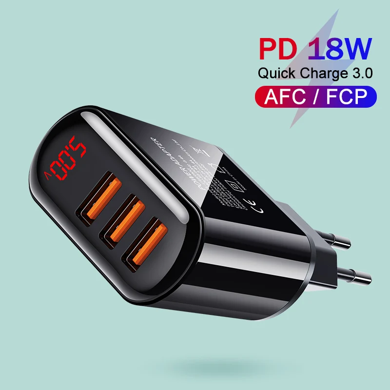 

YKZ Quick 3.0 3 USB Charger LED Display 3.4A Fast Charger Wall Charger for iPhone Samsung Xiaomi 18W EU SmartPhone Chargers