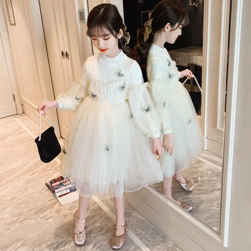 

Сезон весна-осень; Платье для девочек; Элегантные платья 2021 школьная детская одежда 3D бабочка трикотаж из сетчатого материала для девочек платье на возраст 6, 8, 10, 12 лет 13