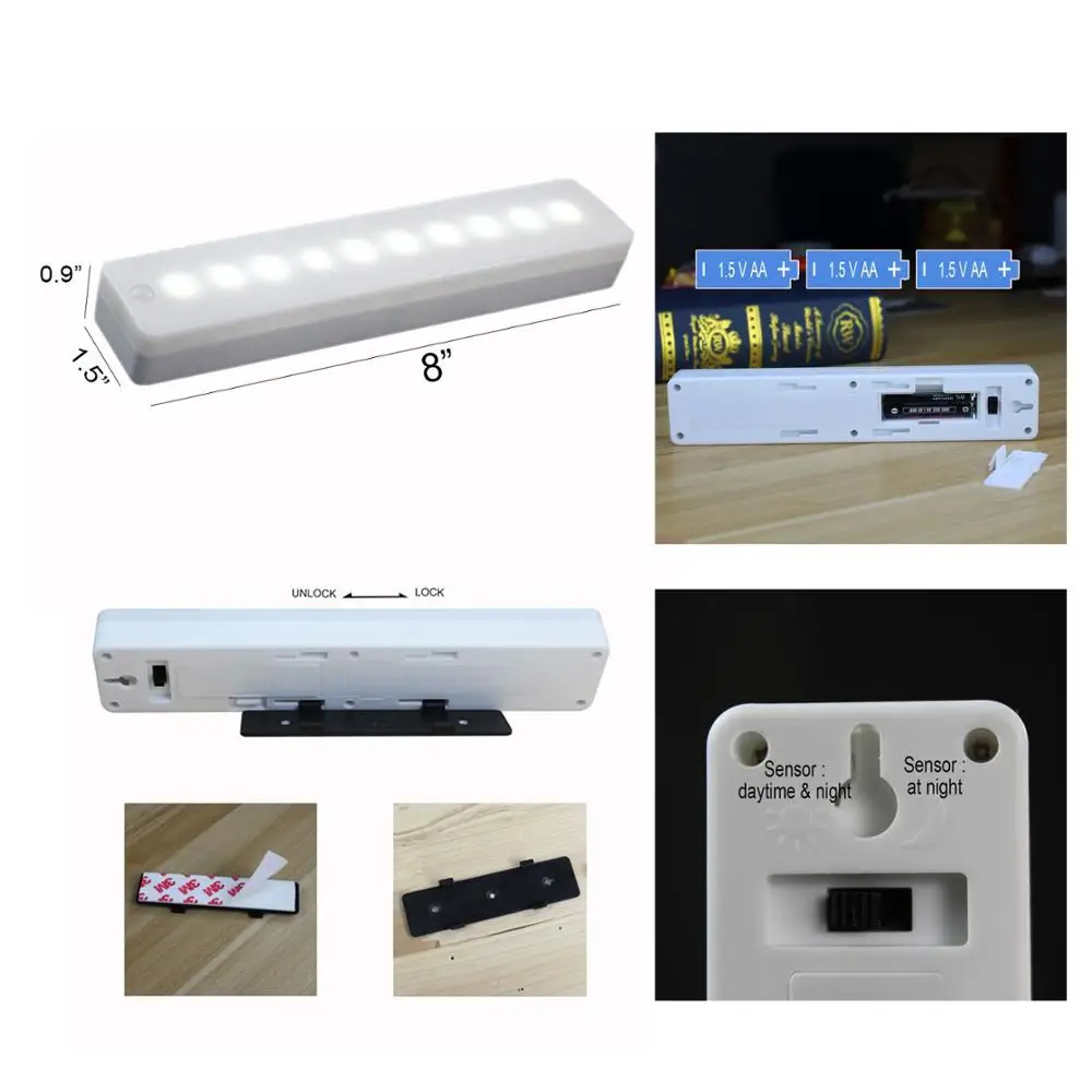 10LED шкаф для шкафа прохода ночник переключатель дневного и ночного режима 5 АА