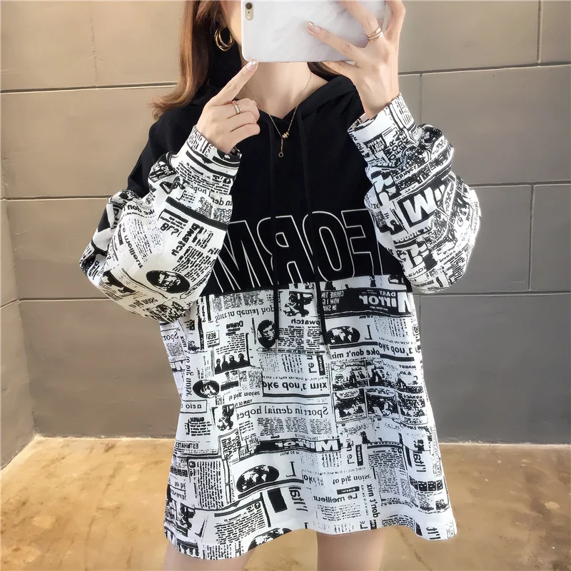 Осенние женские толстовки с капюшоном Harajuku граффити печати шнурок с капюшоном пуловер Толстовка-Кенгурушка с капюшоном Sudadera Mujer - Цвет: Черный