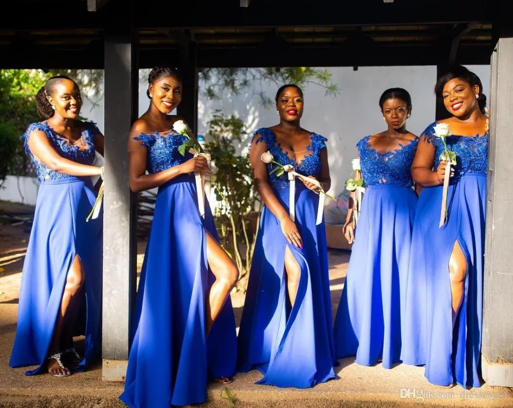 Robe demoiselle d'honneur 2020 Royal Blue Front Split Bridesmaid Dresses Lace Appliques African Maid of Honor Gown  (3)
