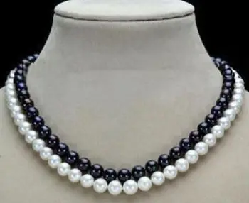 

2 Row 7-8mm Black White Natural Pearl Necklace 17-18''