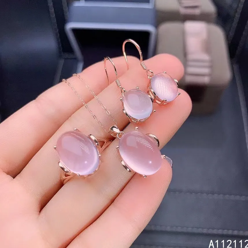 

Fine Jewelry 925 Pure Silver Inset With Natural Gem Women's Luxury Noble Oval Rose Quartz Pendant Ring Earring Set Support Detec