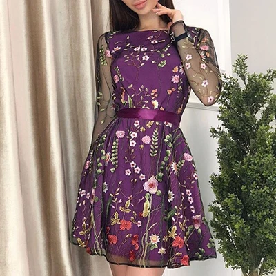 Purple Прозрачное Сетчатое платье, сексуальное мини-платье с цветочной вышивкой, женское летнее богемное платье с длинным рукавом размера плюс, ТРАПЕЦИЕВИДНОЕ ПЛАТЬЕ Vestidos - Цвет: Purple