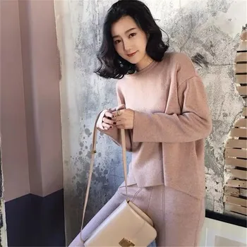 

CBAFU autumn winter knitted suit women tracksuir long sleeve pullover sweater wide legs pants suit knit set elastic waist P711