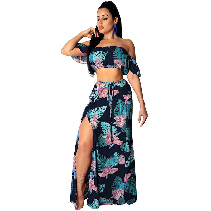 

Sexy Crop Top and Skirt Set Women Crop Top Slit Skirt 2 Piece Set Floral Leave Print High Waist Maxi Skirts Boho Summer Outfits