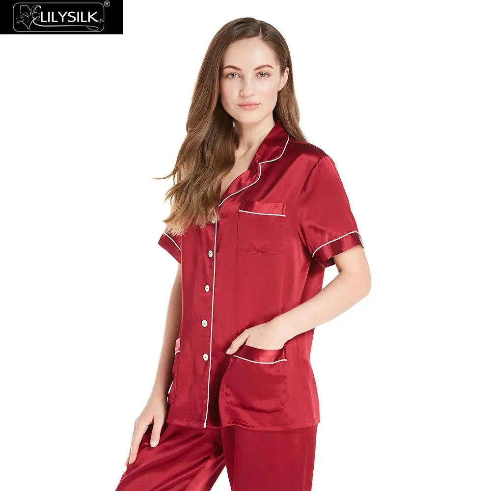 Lilysilk Пижама женская шелковая белье костюм комплект 22 Momme отделкой с коротким рукавом