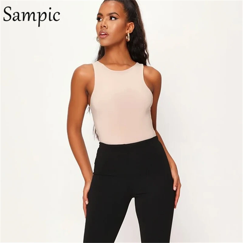 fishnet bodysuit Sampic Summer 2020 Streetwear Club Party Women O Neck Bodysuit Sexy Off Shoulder Sleeveless Casual Khaki White Body Tops corset bodysuit