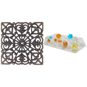 

50 Pcs Bronze Tone Square Filigree Wraps Connectors & 1 Pcs Diamond Diy Silicone Stencil Craft Mold
