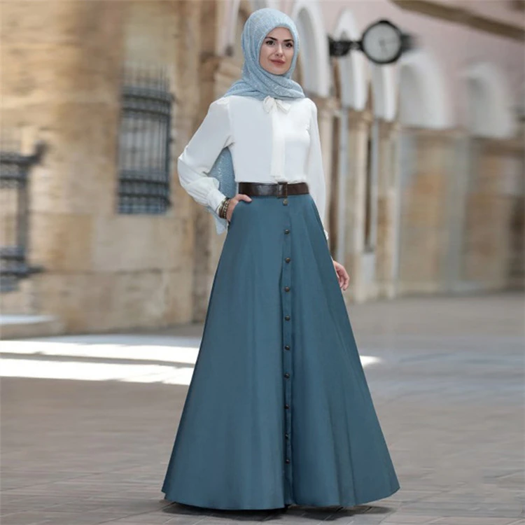 Большая качающаяся длинная юбка для женщин Дубай мусульманская Элегантная с высокой талией пуговица трапециевидная юбка для женщин Арабская однотонная Исламская одежда размера плюс