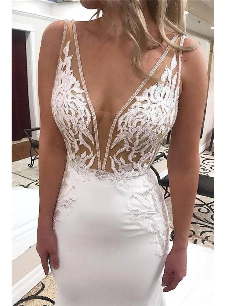Robe de mariee, сексуальное свадебное платье с v-образным вырезом и открытой спиной, свадебное платье с тонкими бретельками, свадебное платье русалки, белые кружевные аппликации, свадебные платья