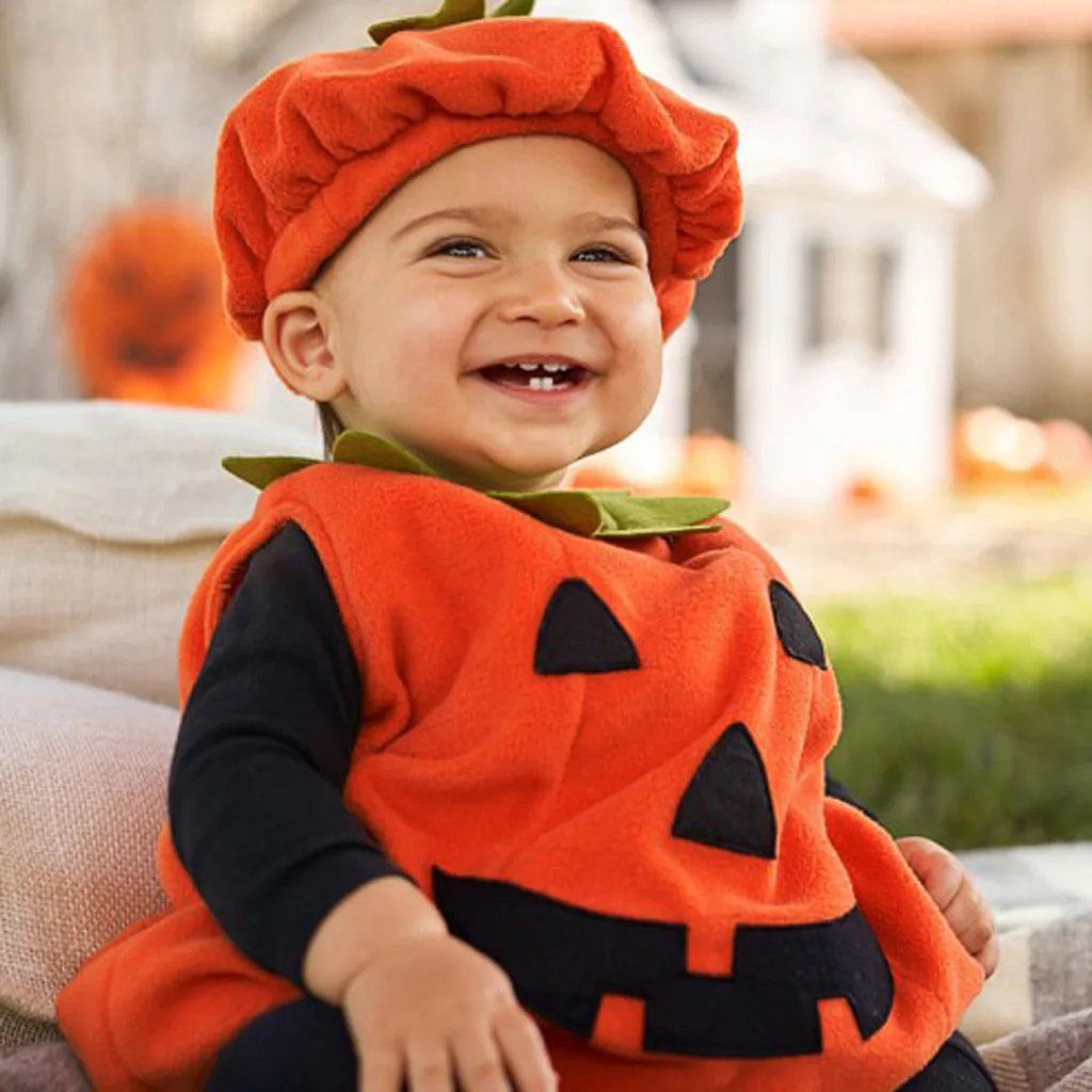 Toddler Infant Baby Boy Girl Cotton Pumpkin Vest Tops Hat Halloween Outfits Performance clothing Costume Set детская одежда