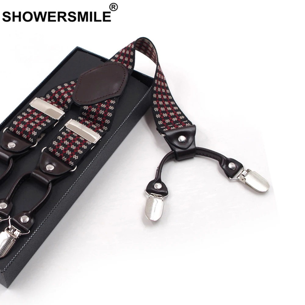 SHOWERSMILE мужские кожаные подтяжки с 6 клипсами Мужские штаны на подтяжках в клетку