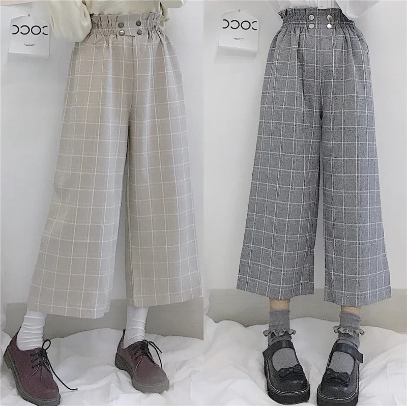 Японский стиль Лолиты осенние женские широкие брюки с эластичной талией абрикосовые серые клетчатые свободные брюки милые кавайные студенческие Капри
